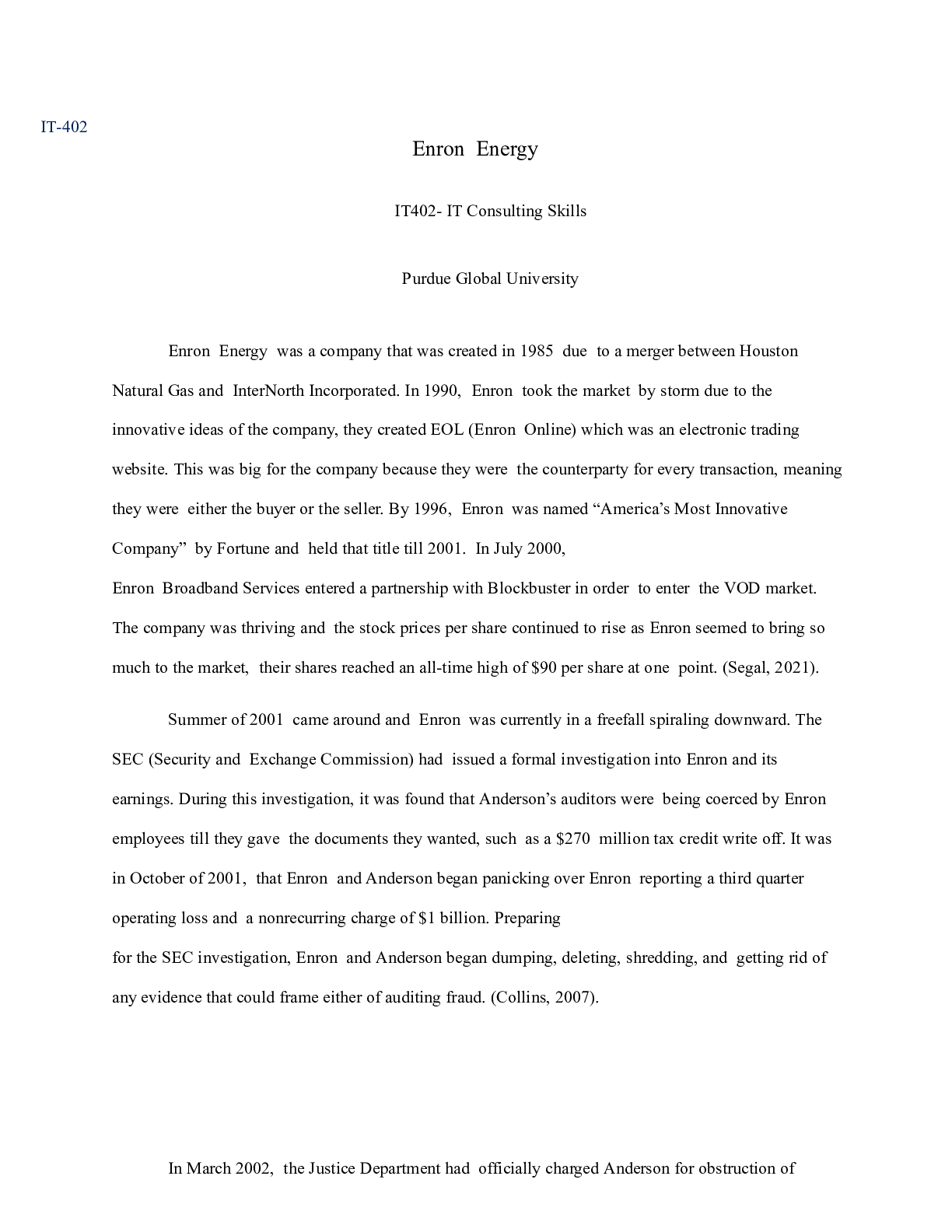 Preview image for IT402 Unit6Assign1.docx    IT-402         Enron  Energy    IT402- IT Consulting Skills  Pu